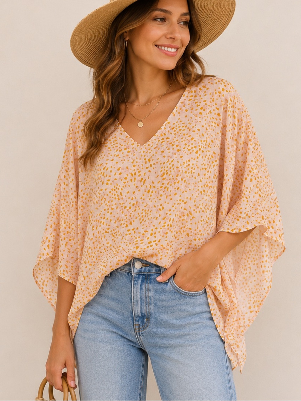 Carmela Flowy V-Neck Dot Print Tunic in Light Pink & Mustard